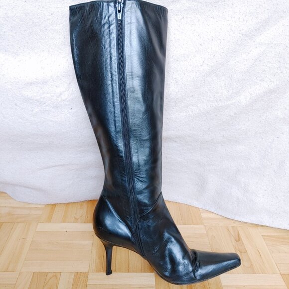 💯% genuine leather Black Knee high heeled boots - Picture 2 of 16